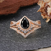 Ultra Luxurious Vintage Pear-Cut Black Onyx Ring Set